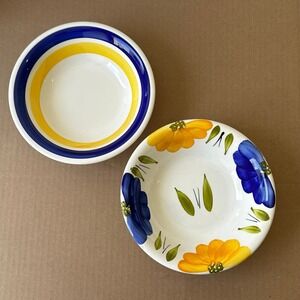 Pair of Maxam Italy Hand Painted Ceramic Bowls Set Blue Yellow Floral Striped 8"